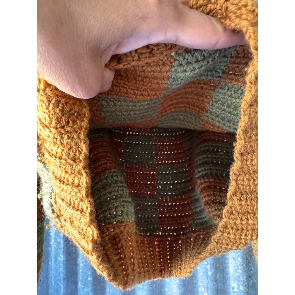 Vintage Handmade Crochet Knit Checkerboard Sweater Orange Green Balloon Sleeve - Picture 6 of 10